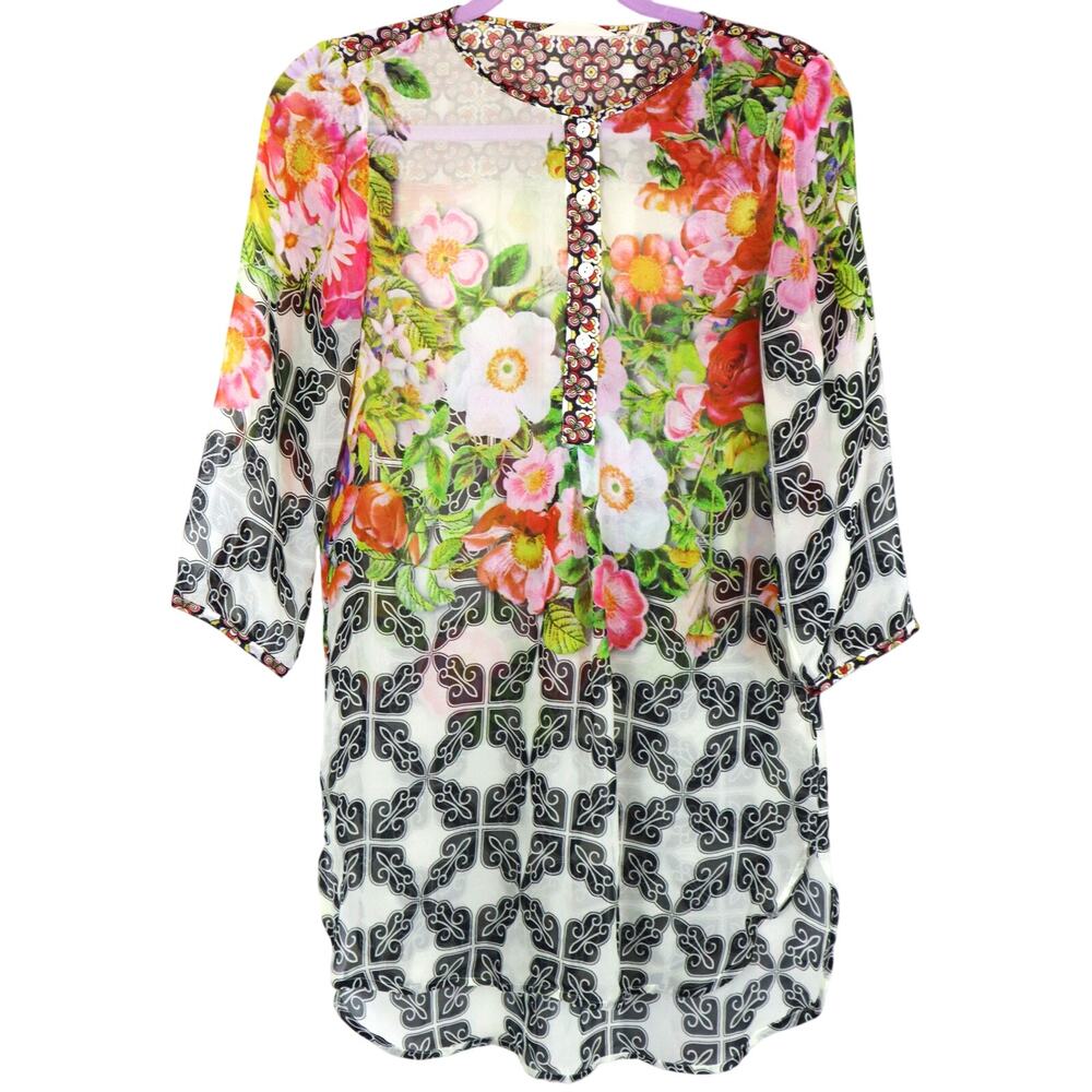 Soft Surroundings Sheer Floral Tunic 3/4 Sleeves Womens XS Flowy Spring Easter